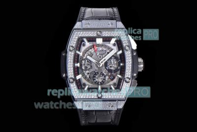 Swiss Hublot Spirit Of Big Bang Diamond Watch SS Black Chronograph Dial Black Rubber 45MM